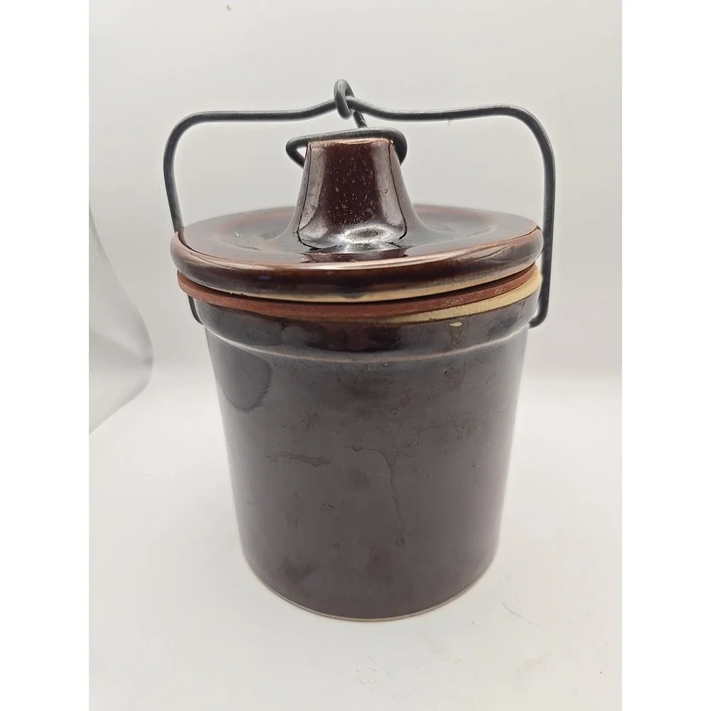 Vintage Small Glazed Butter Cheese Crock w/ Locking Bale Wire Lid Brown‎ Color